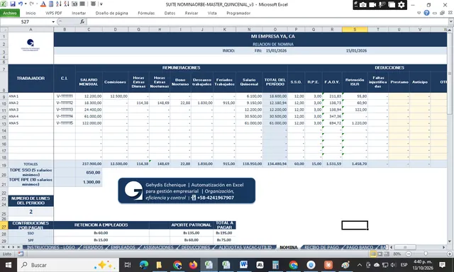 Vista del Resumen de Nómina de la Suite NóminaOrbe en Excel