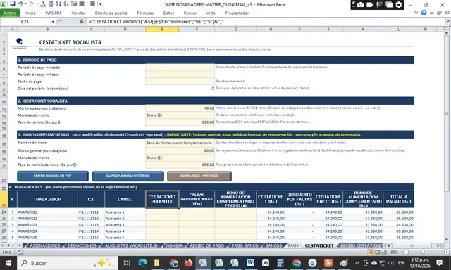 Pantalla de Cálculo de Vacaciones y Salario Mixto en Excel